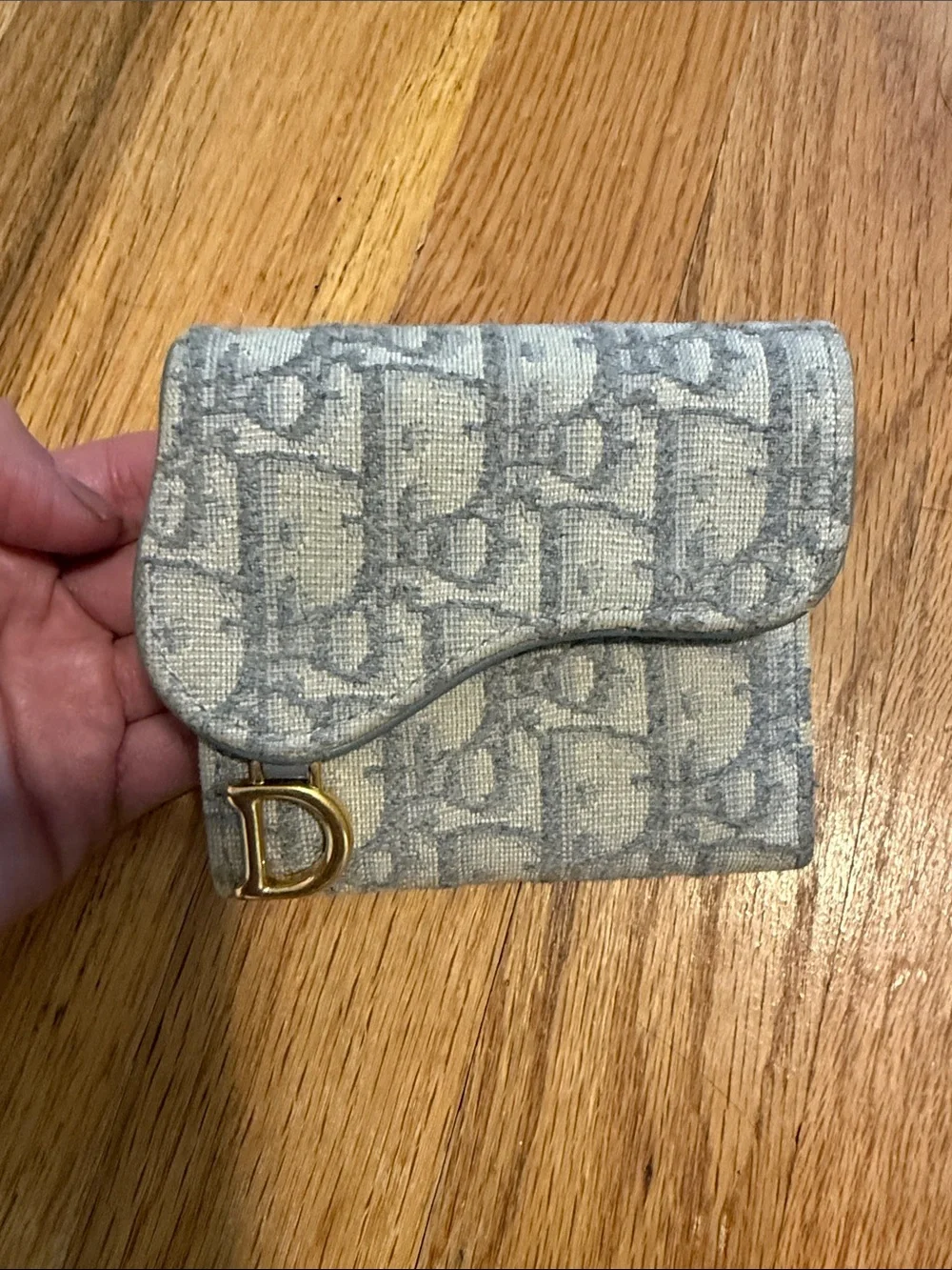 Dior Grey Monogram Canvas Trifold Wallet with Gold 'D' Accent